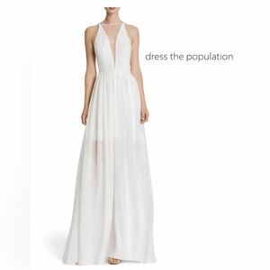 Dress the Population “Patricia” Illusion Plunge Cream White Maxi Gown Dress XL